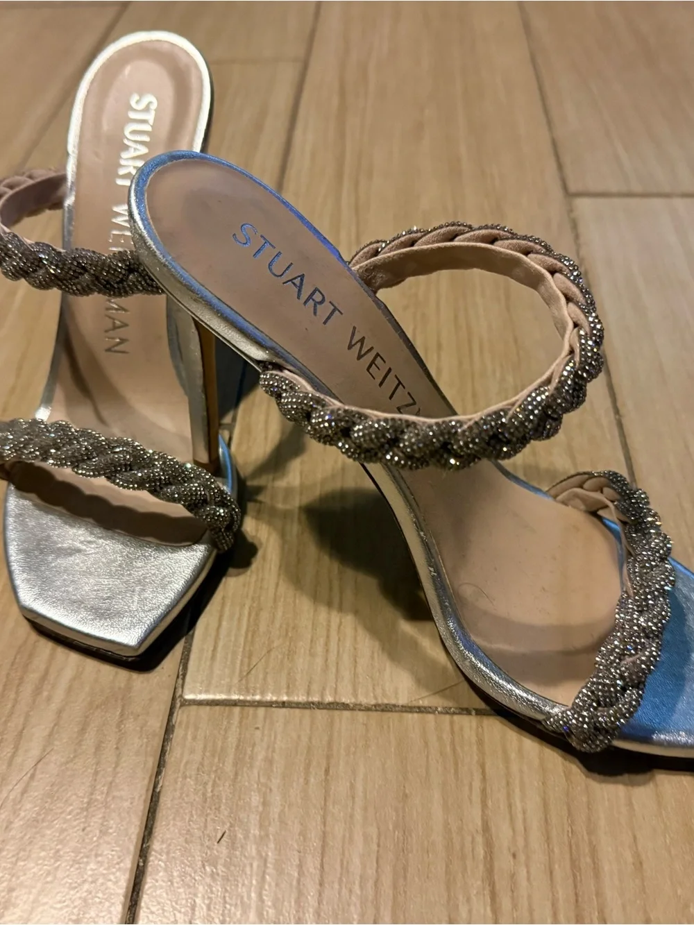 Stuart Weitzman Silver Braided Crystal Embellished Stiletto Sandals, Size 7